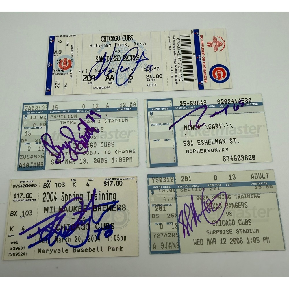 Lot of 5 Signed MLB Spring Training Tickets Chicago Cubs Autographs 2004-2009